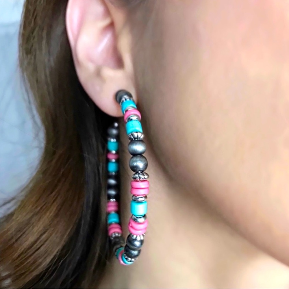 ICON Collection Western 
Women's Turquoise Pink Silver
Gunmetal Hoop Earrings